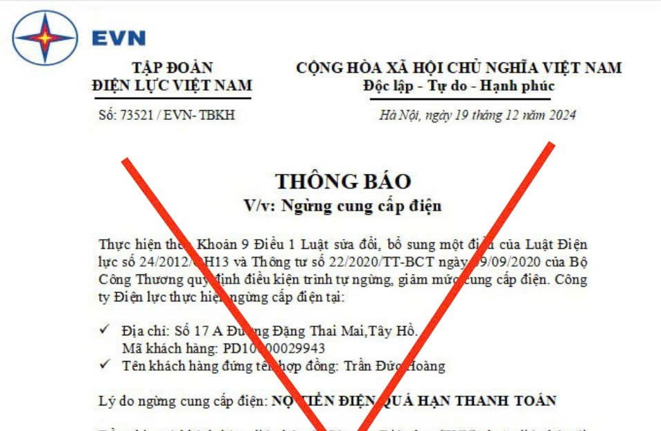 EVN tiếp tục khuyến cáo khách hàng cảnh giác với văn bản giả mạo thương hiệu