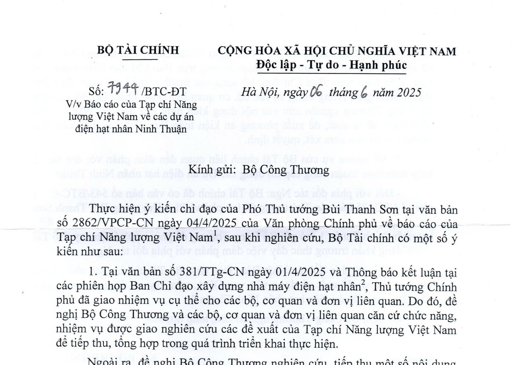 Ý kiến của Bộ Tài chính về các dự án điện hạt nhân Ninh Thuận 1 và 2 gửi Bộ Công Thương