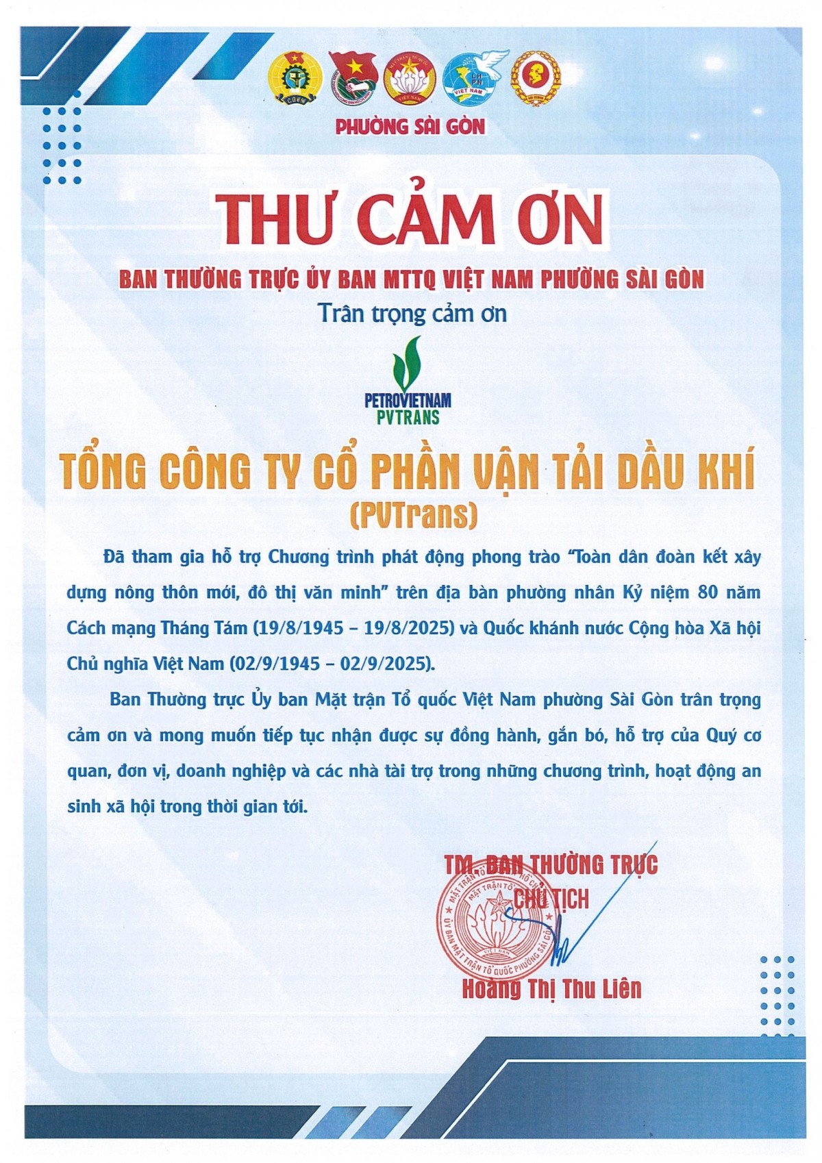 PVTrans chung tay lan tỏa giá trị nhân văn nhân kỷ niệm Quốc khánh 2/9