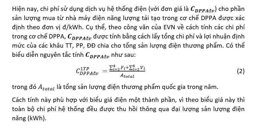 Chi phí sử dụng dịch vụ hệ thống điện trong cơ chế DPPA khi áp dụng giá điện bán lẻ 2 thành phần ở Việt Nam