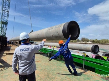 Thi công đóng cọc các trụ tua bin dự án điện gió Tân Thuận (giai đoạn 3)