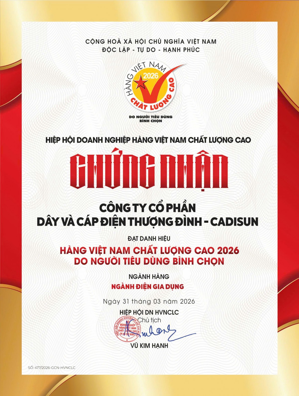 CADI-SUN tiếp tục được vinh danh Hàng Việt Nam chất lượng cao 2026