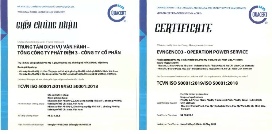 Nhà máy điện Phú Mỹ 3 và Phú Mỹ 2.2 đạt chứng nhận ISO 50001:2018