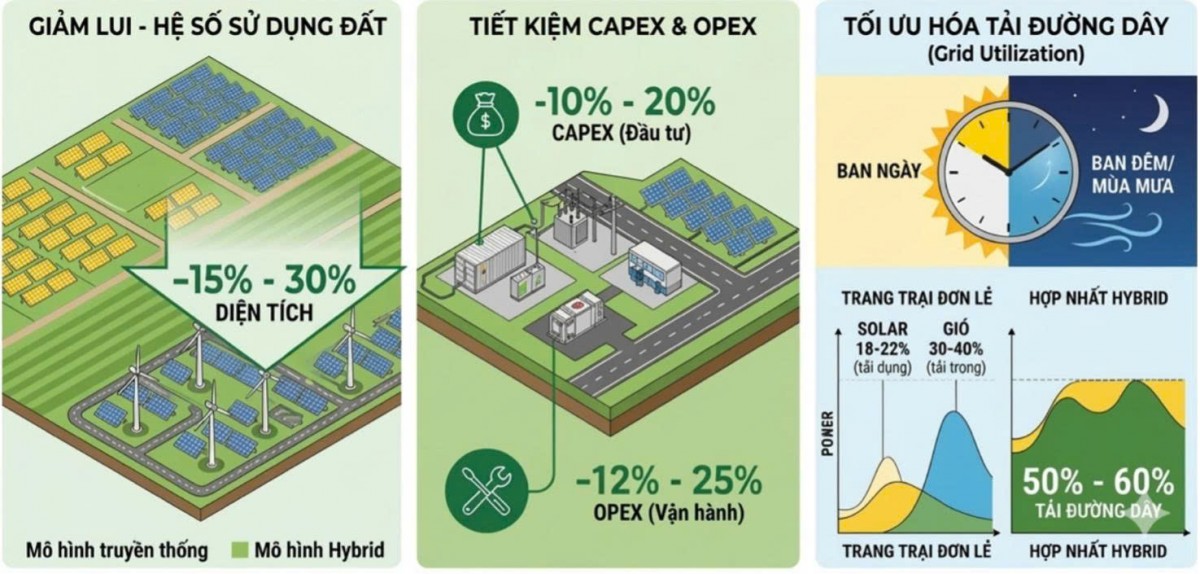 Tích hợp mô hình điện lai trên cùng vị trí và kéo dài thời hạn PPA (lên 25-30 năm) nhằm tối ưu LCOE, hạ giá thành điện Tích hợp mô hình điện lai trên cùng vị trí và kéo dài thời hạn PPA (lên 25-30 năm) nhằm tối ưu LCOE, hạ giá thành điện