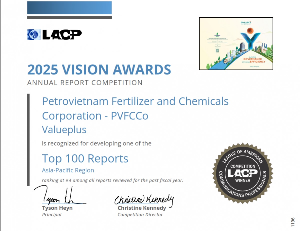 PVFCCo - Phú Mỹ xếp hạng nhì toàn cầu, giành 2 giải bạch kim tại Cuộc thi Báo cáo thường niên - 2025 Vision Awards (Hoa Kỳ)