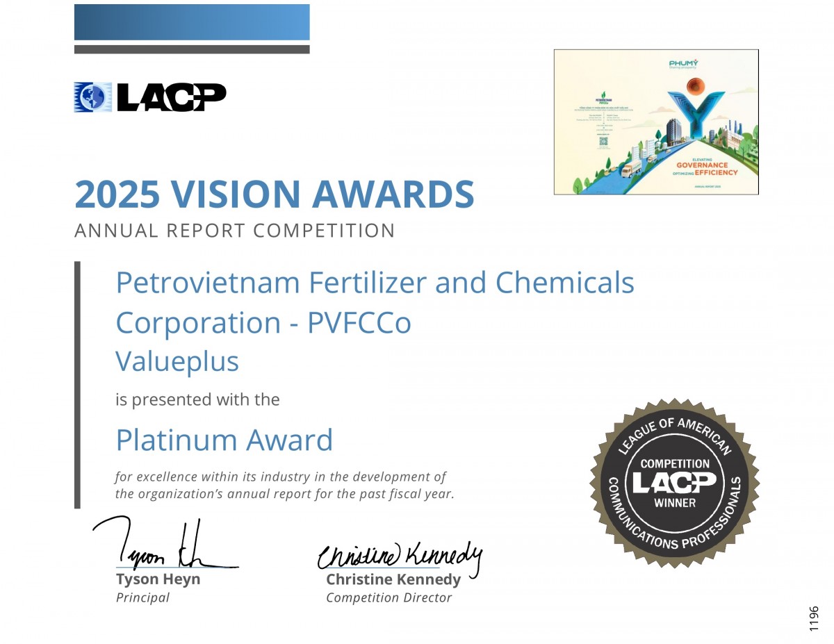 PVFCCo - Phú Mỹ xếp hạng nhì toàn cầu, giành 2 giải bạch kim tại Cuộc thi Báo cáo thường niên - 2025 Vision Awards (Hoa Kỳ)
