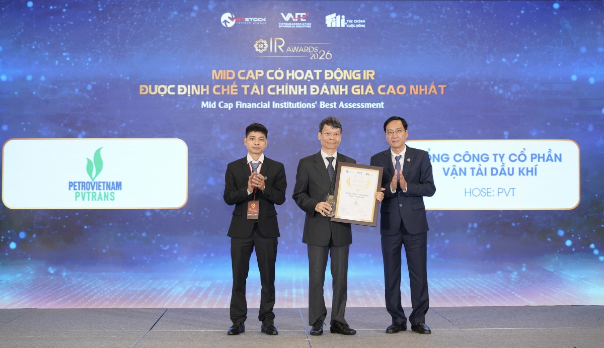 PVTrans đạt danh hiệu ‘Doanh nghiệp Mid Cap có hoạt động IR được Định chế tài chính đánh giá cao nhất 2026’ PVTrans đạt danh hiệu ‘Doanh nghiệp Mid Cap có hoạt động IR được Định chế tài chính đánh giá cao nhất 2026’