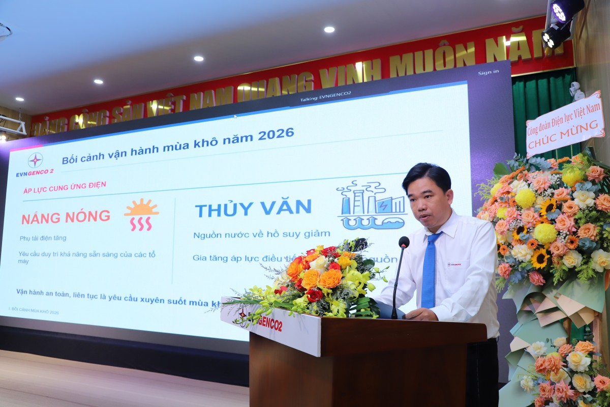EVNGENCO2 tổng kết thi đua các tháng mùa khô, Tháng công nhân và Tháng hành động về an toàn, vệ sinh lao động năm 2026 EVNGENCO2 tổng kết thi đua các tháng mùa khô, Tháng công nhân và Tháng hành động về an toàn, vệ sinh lao động năm 2026