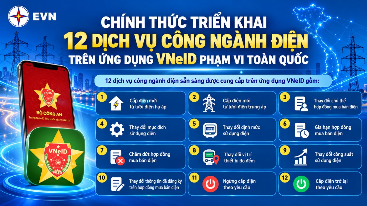 Chính thức triển khai 12 dịch vụ công ngành điện trên ứng dụng VneID phạm vi toàn quốc