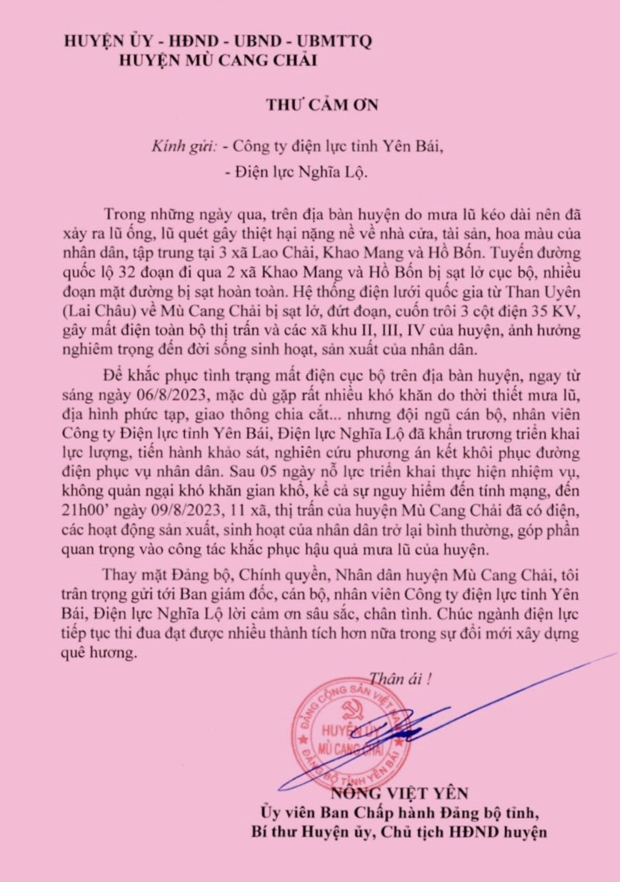 Huyện Mù Cang Chải cảm ơn PC Yên Bái đã nỗ lực khắc phục sự cố điện sau mưa lũ