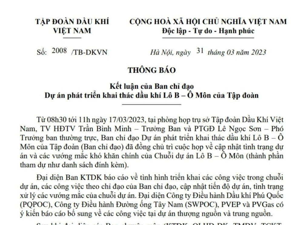 Cập nhật tình hình hoạt động dự án khí Lô B - Ô Môn (tháng 4/2023)