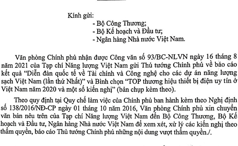 Các bộ đang xử lý kiến nghị của Tạp chí NLVN về tài chính, công nghệ cho năng lượng sạch